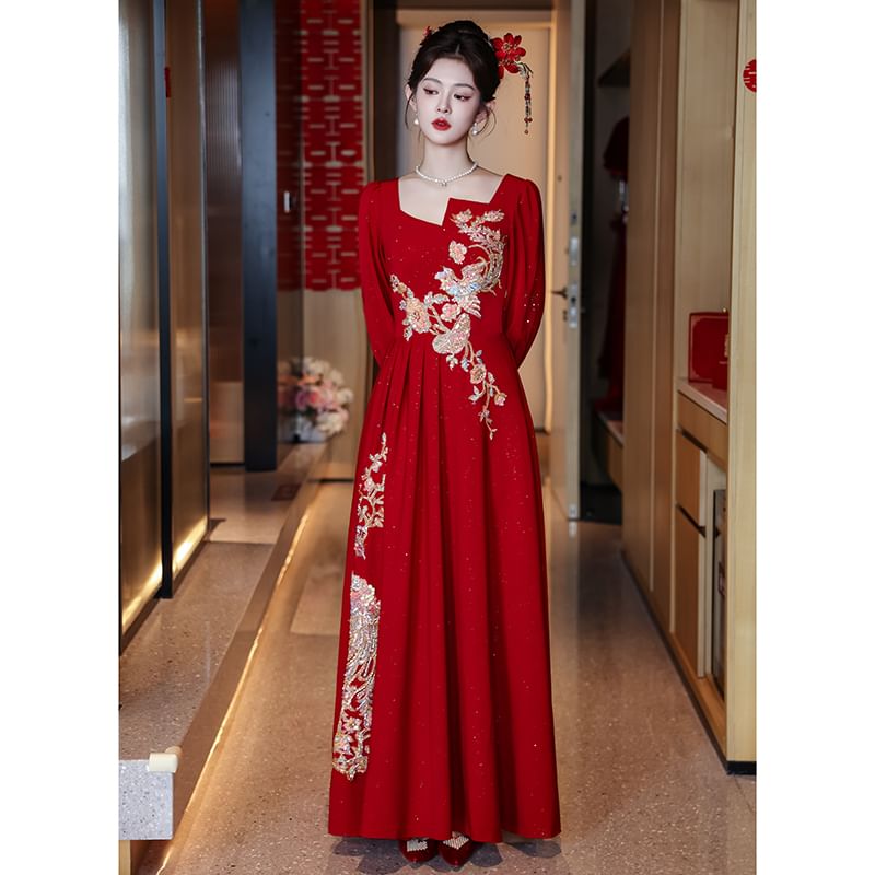 Neck Square Gown Evening Embroidered A-Line Long-Sleeve FashionChic