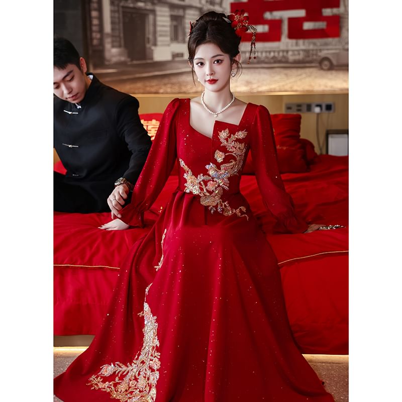 Long-Sleeve Square Neck Embroidered A-Line Evening Gown SpreePicky