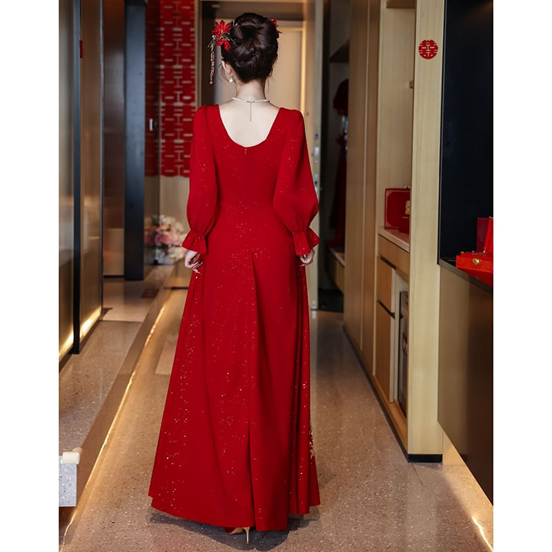 Neck Square Gown Evening Embroidered A-Line Long-Sleeve FashionChic