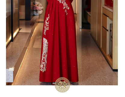 Long-Sleeve Square Neck Embroidered A-Line Evening Gown SpreePicky