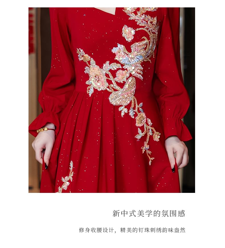 Long-Sleeve Square Neck Embroidered A-Line Evening Gown SpreePicky