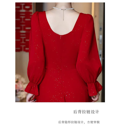 Long-Sleeve Square Neck Embroidered A-Line Evening Gown SpreePicky