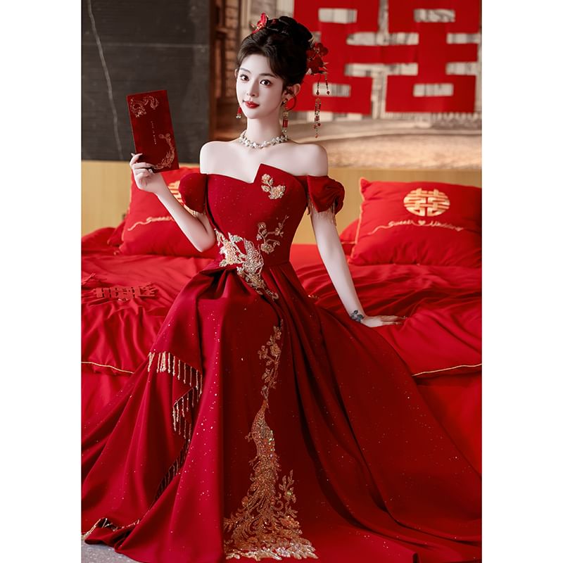 Shoulder Embroidered A-Line Evening Off Asymmetrical Gown FashionChic