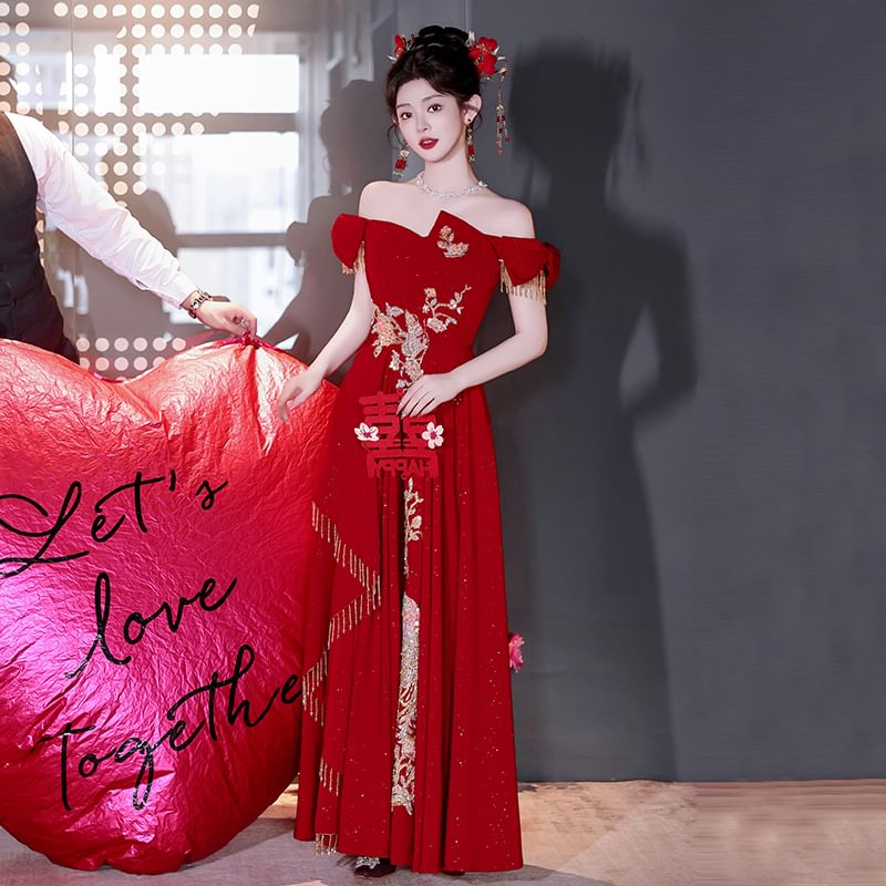 Shoulder Embroidered A-Line Evening Off Asymmetrical Gown FashionChic