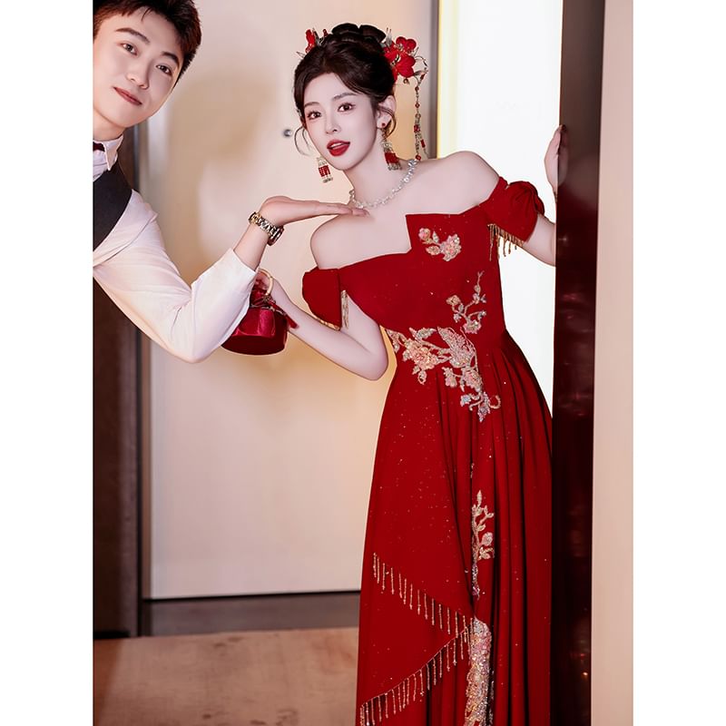 Shoulder Embroidered A-Line Evening Off Asymmetrical Gown FashionChic