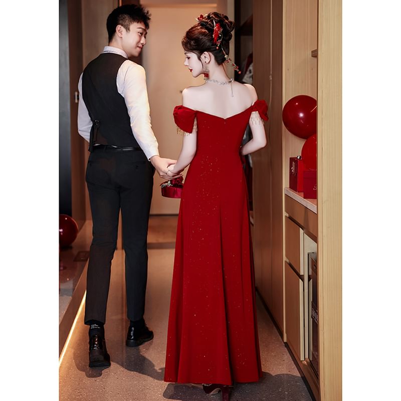 Shoulder Embroidered A-Line Evening Off Asymmetrical Gown FashionChic