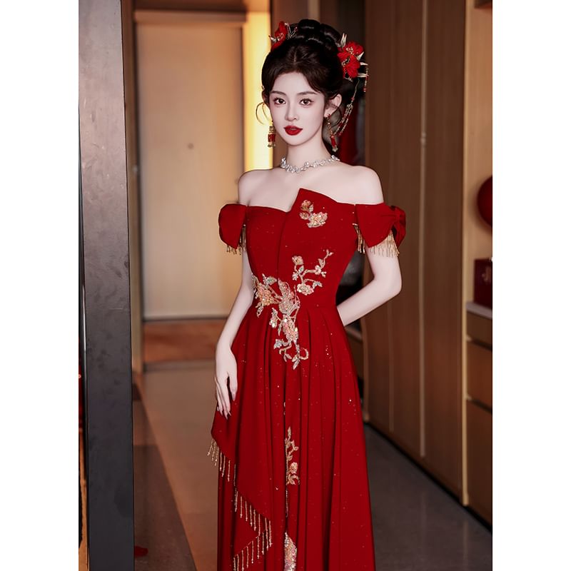 Shoulder Embroidered A-Line Evening Off Asymmetrical Gown FashionChic