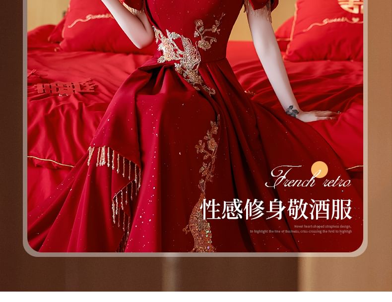 Shoulder Embroidered A-Line Evening Off Asymmetrical Gown FashionChic