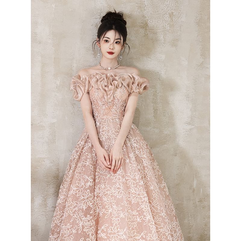 Evening A-Line Shoulder Ball Off Gown Ruffle FashionChic