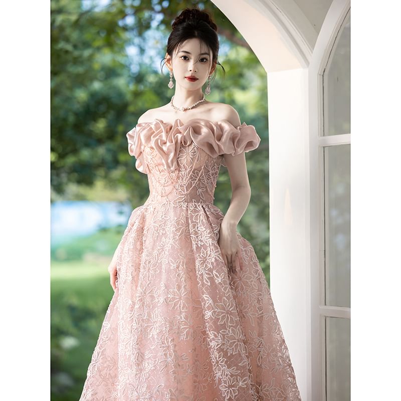 Evening A-Line Shoulder Ball Off Gown Ruffle FashionChic