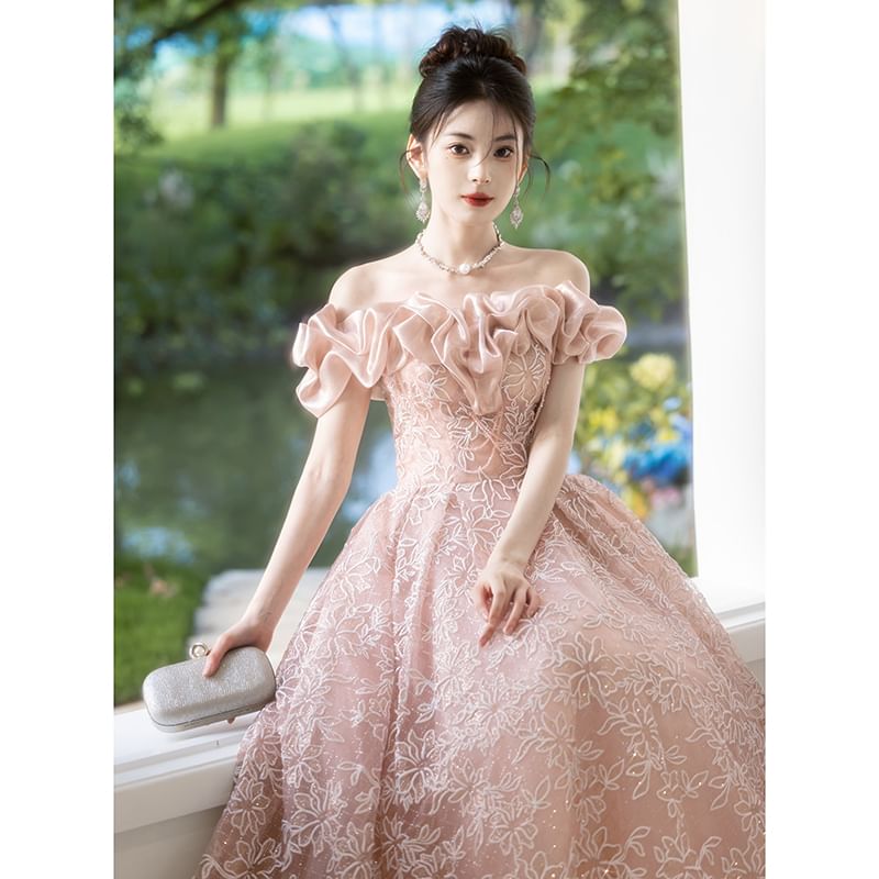 Evening A-Line Shoulder Ball Off Gown Ruffle FashionChic