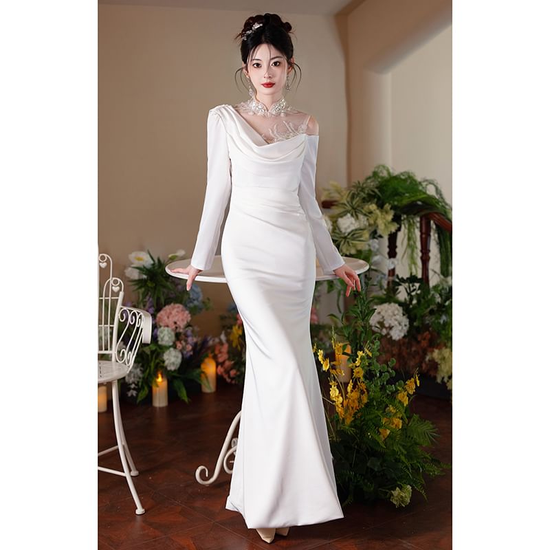 Long-Sleeve Open Back Plain Maxi Mermaid Dress SpreePicky