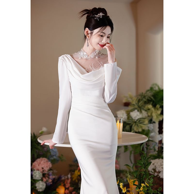 Long-Sleeve Open Back Plain Maxi Mermaid Dress SpreePicky