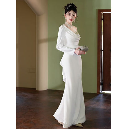 Long-Sleeve Open Back Plain Maxi Mermaid Dress SpreePicky