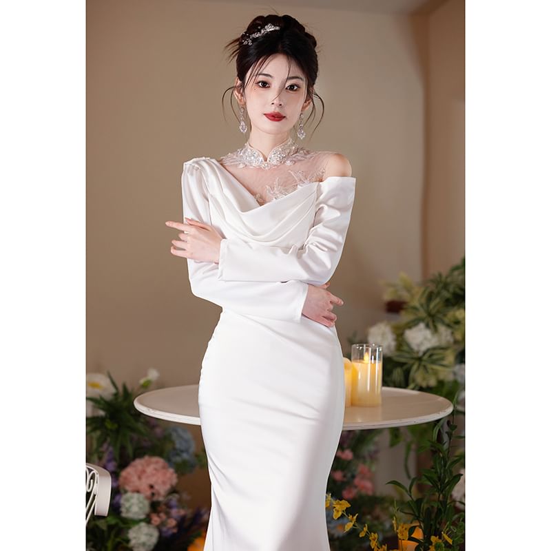 Long-Sleeve Open Back Plain Maxi Mermaid Dress SpreePicky