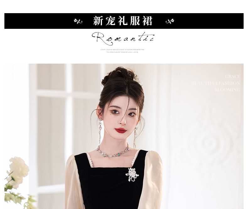 Neck A-Line Gown Mesh Long-Sleeve Evening Square FashionChic