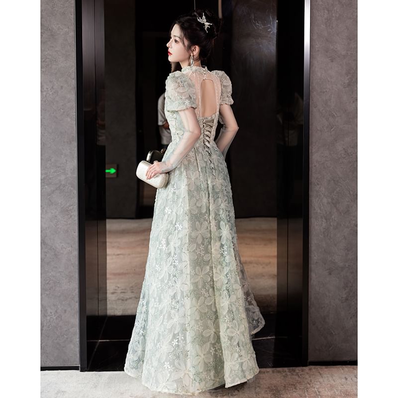 Gown Mesh Back A-Line Evening Open FashionChic