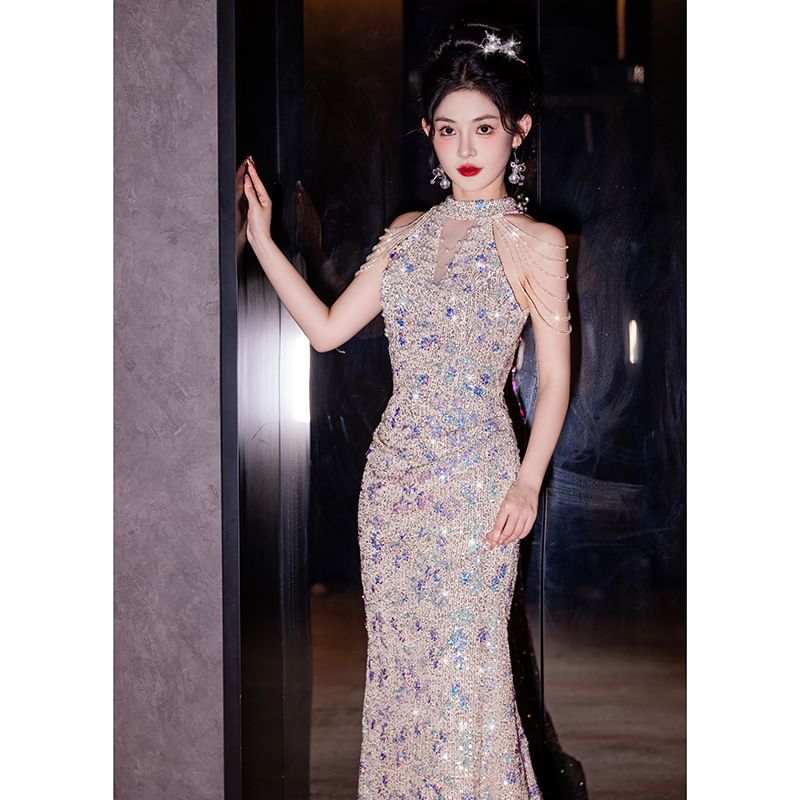 Gown Mermaid Sequin Evening Sleeveless FashionChic