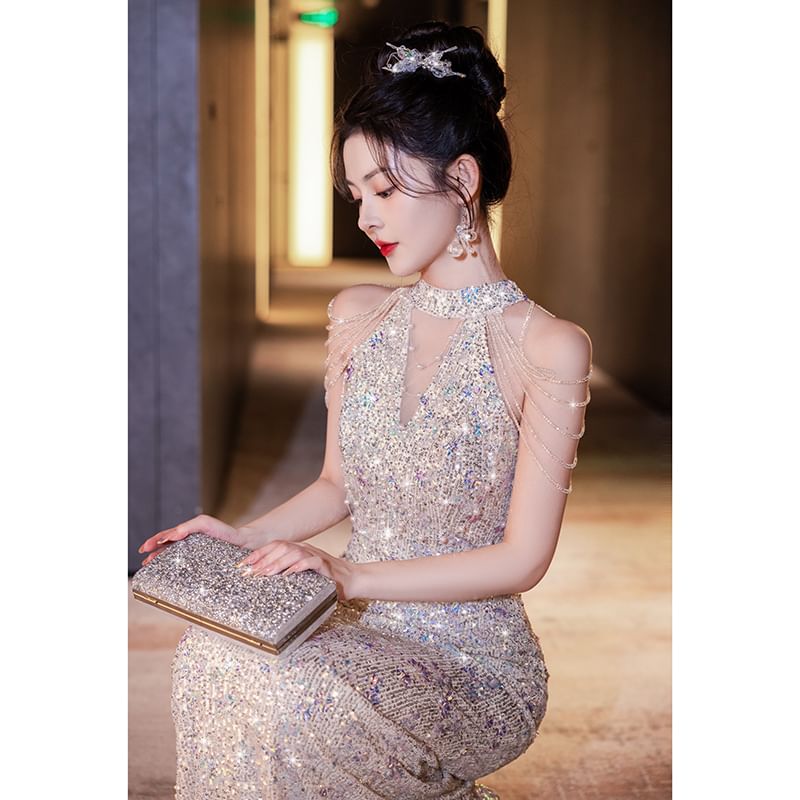 Gown Mermaid Sequin Evening Sleeveless FashionChic