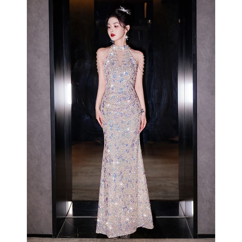 Gown Mermaid Sequin Evening Sleeveless FashionChic