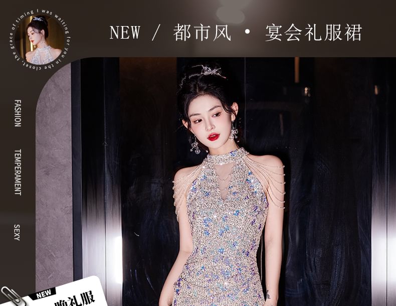 Gown Mermaid Sequin Evening Sleeveless FashionChic