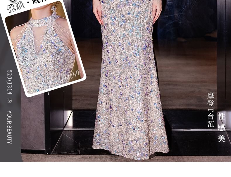 Gown Mermaid Sequin Evening Sleeveless FashionChic