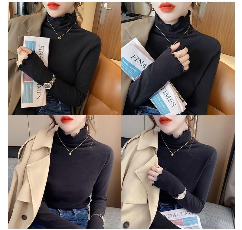 Long Sleeve Turtleneck Plain Lettuce Edge Top SpreePicky