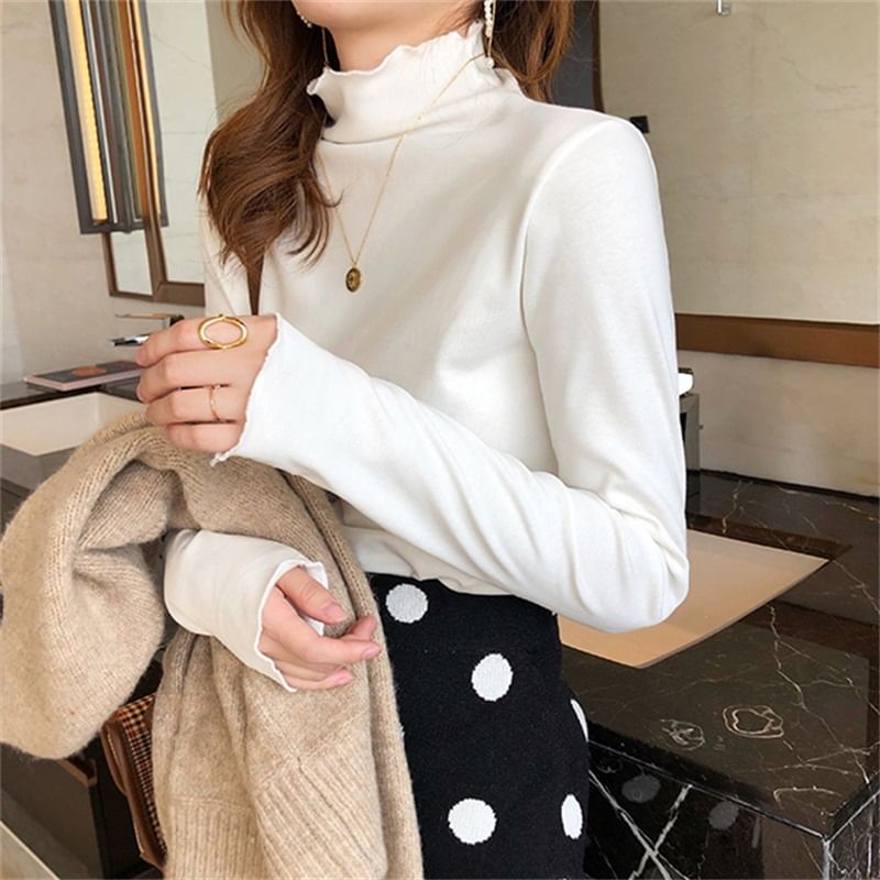 Long Sleeve Turtleneck Plain Lettuce Edge Top SpreePicky