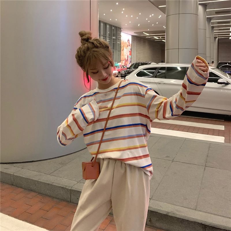 Long Sleeve Crew Neck Striped Tee SpreePicky