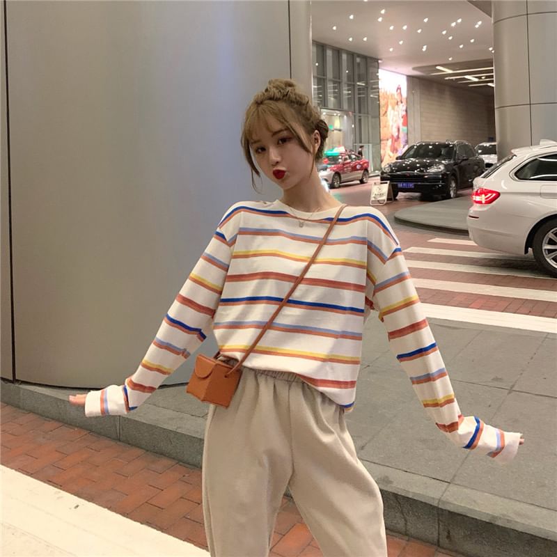 Long Sleeve Crew Neck Striped Tee SpreePicky