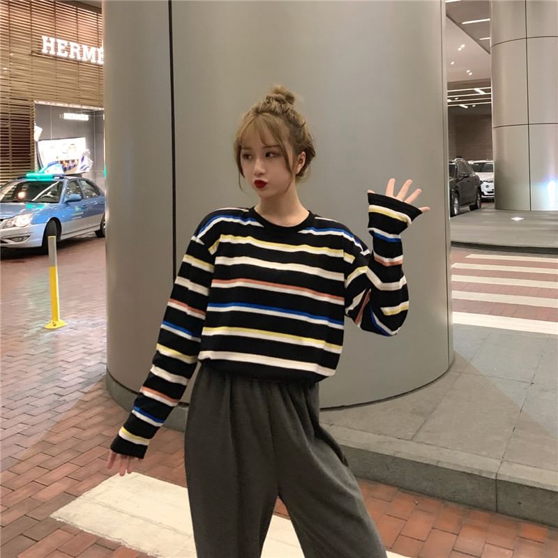 Long Sleeve Crew Neck Striped Tee SpreePicky