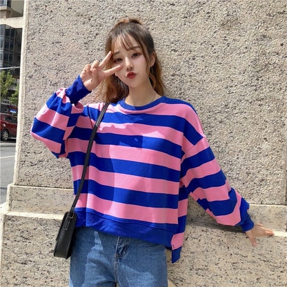 Round Neck Striped Slit Sweatshirt SpreePicky