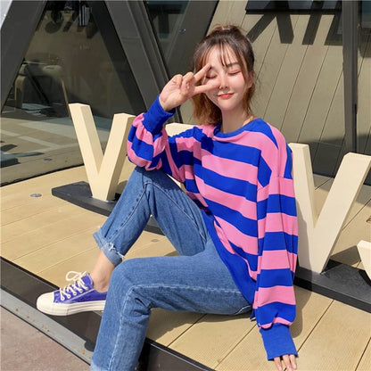 Round Neck Striped Slit Sweatshirt SpreePicky