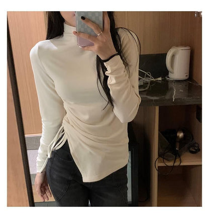 Long Sleeve Mock Neck Plain Drawstring Top SpreePicky