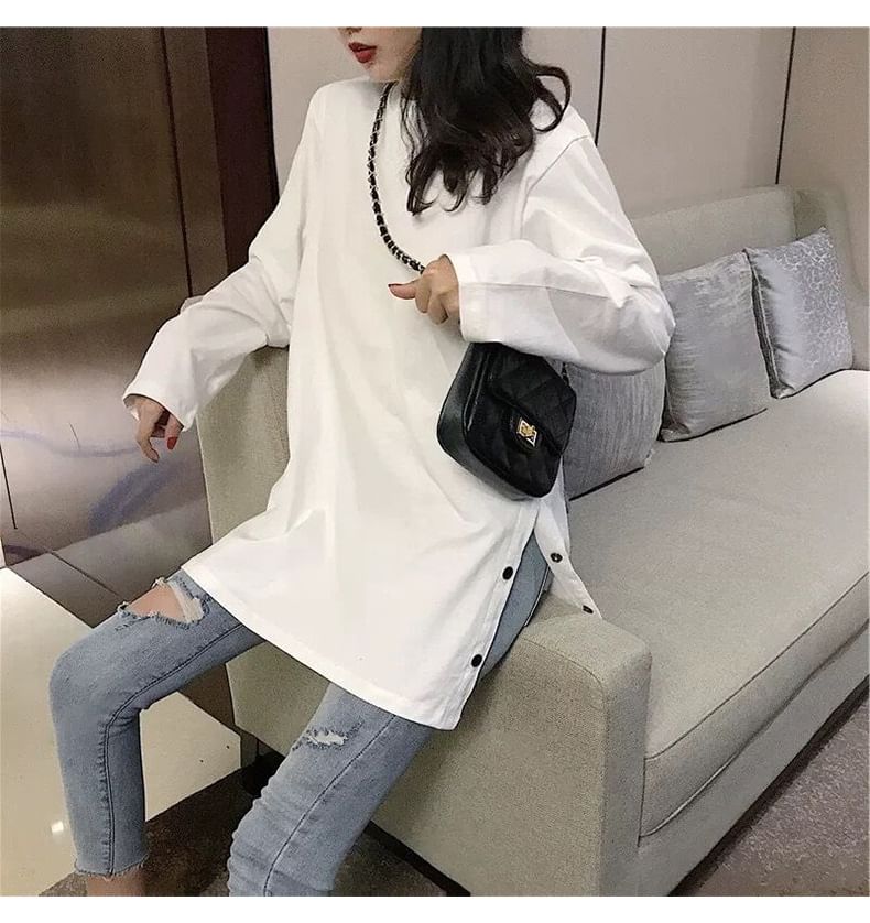 Long Sleeve Crew Neck Plain Button Slit Tee SpreePicky