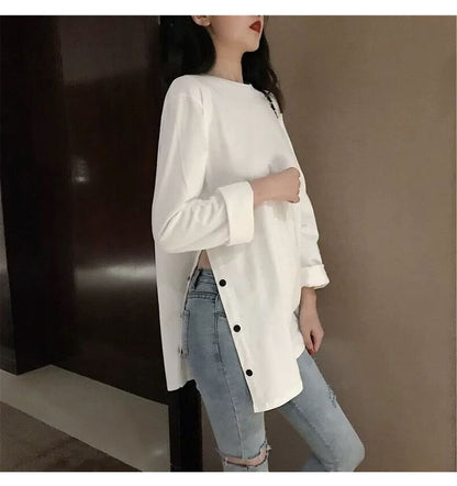 Long Sleeve Crew Neck Plain Button Slit Tee SpreePicky