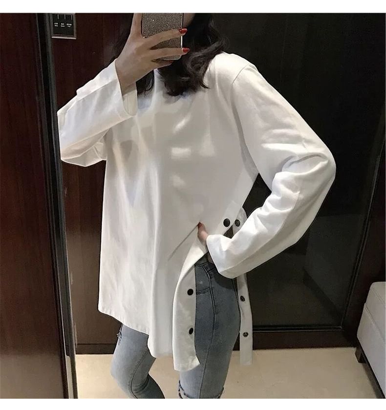 Long Sleeve Crew Neck Plain Button Slit Tee SpreePicky