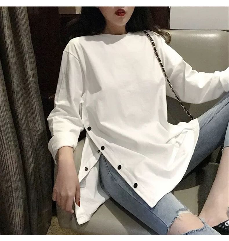 Long Sleeve Crew Neck Plain Button Slit Tee SpreePicky