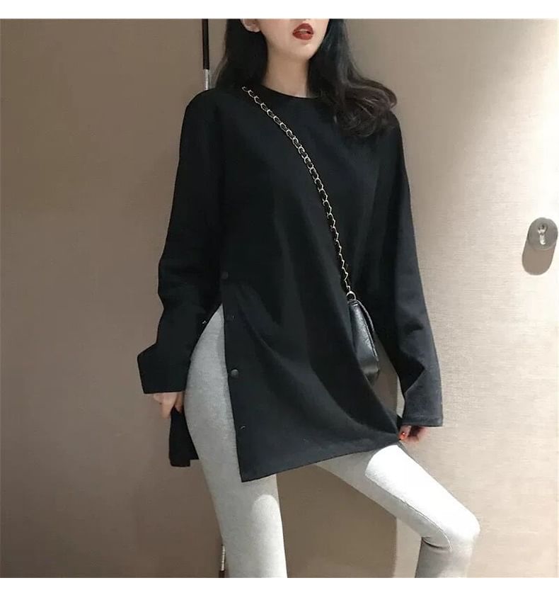 Long Sleeve Crew Neck Plain Button Slit Tee SpreePicky