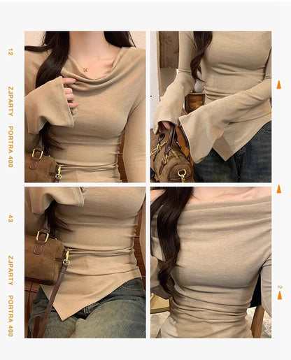 Long Sleeve Cowl Neck Plain Asymmetrical Top SpreePicky