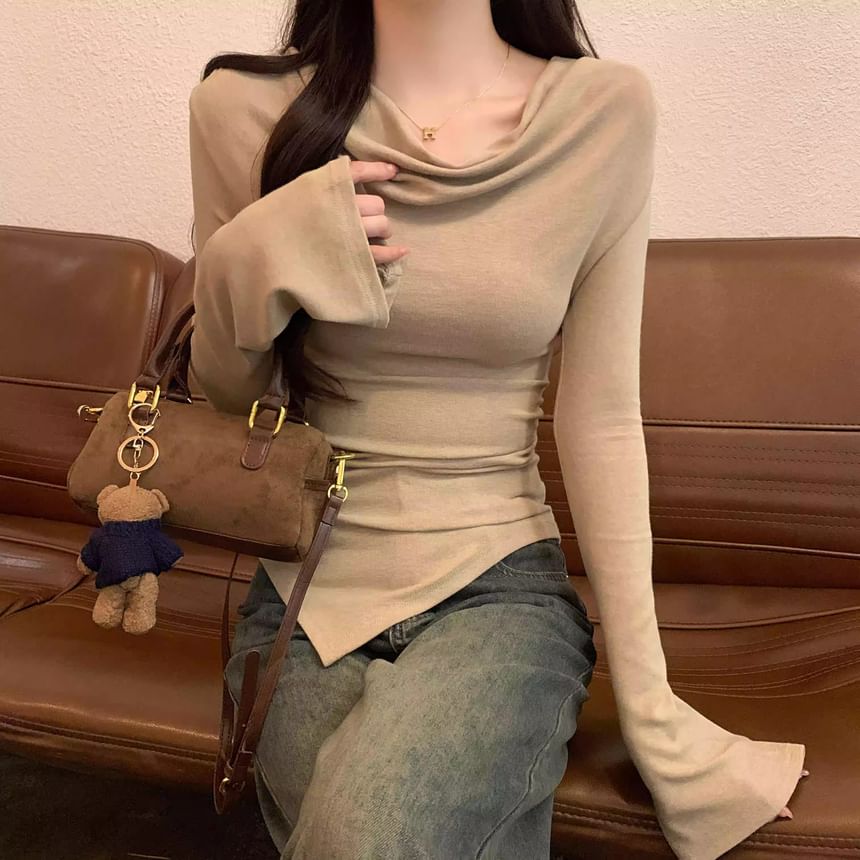 Long Sleeve Cowl Neck Plain Asymmetrical Top SpreePicky