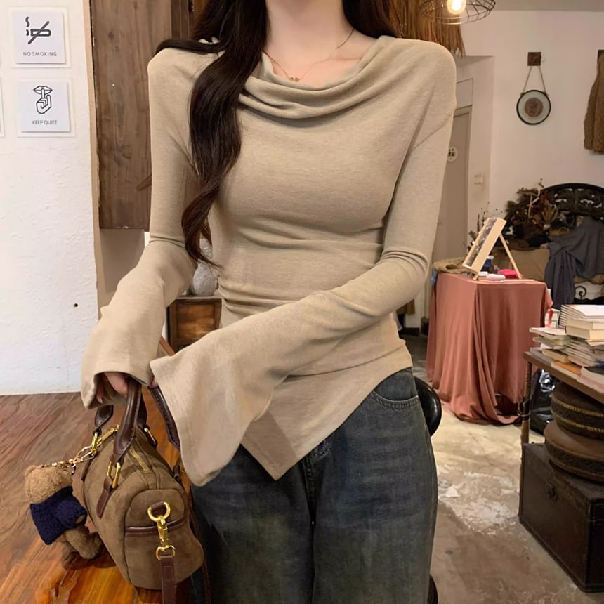 Long Sleeve Cowl Neck Plain Asymmetrical Top SpreePicky