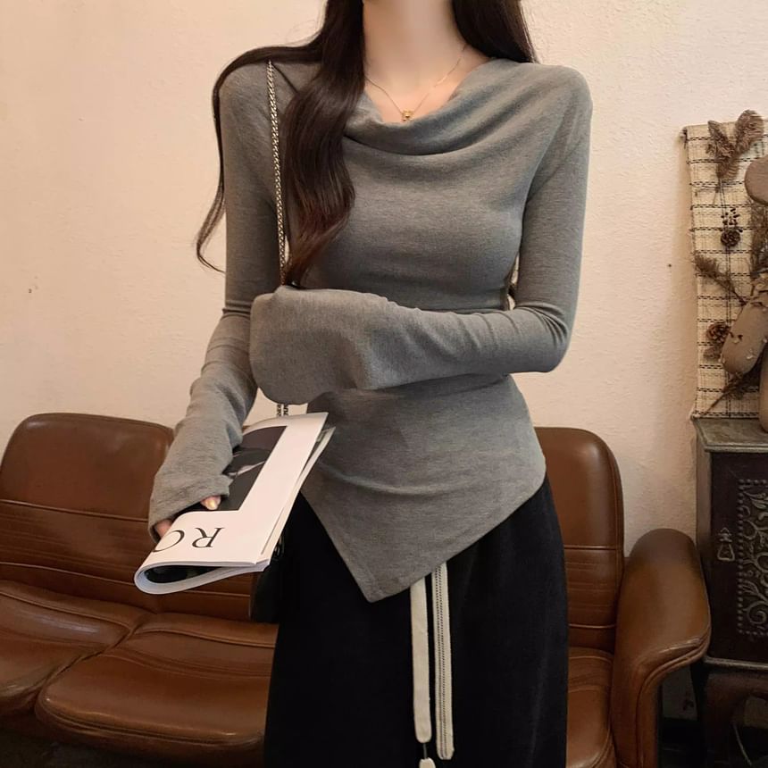 Long Sleeve Cowl Neck Plain Asymmetrical Top SpreePicky