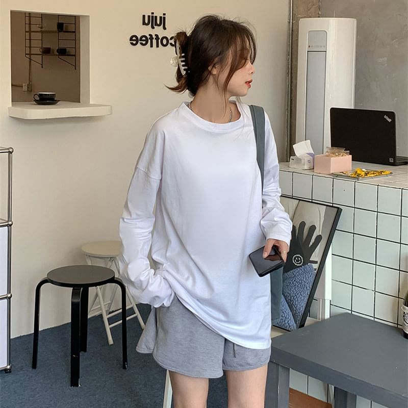 Long Sleeve Round Neck Plain Tee SpreePicky