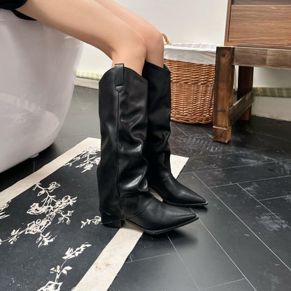 Chunky Heel Pointed Toe Plain Faux Leather Tall Boots SpreePicky