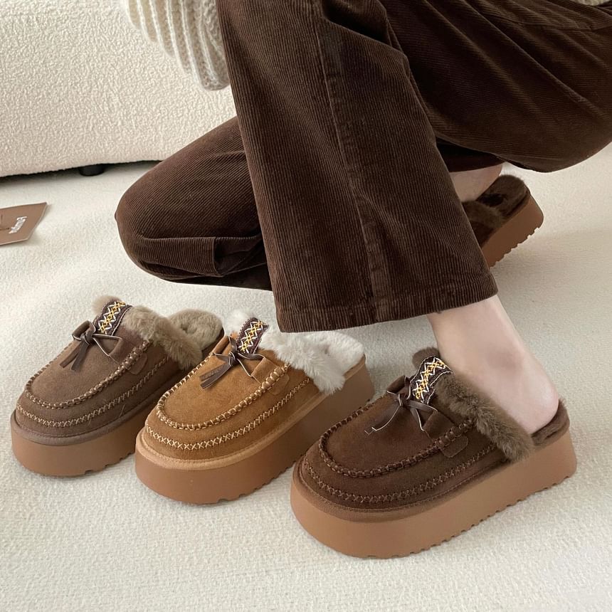 Platform Bow Accent Fleece-Lined Moccasin Mules SpreePicky