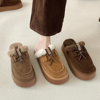 Platform Bow Accent Fleece-Lined Moccasin Mules SpreePicky