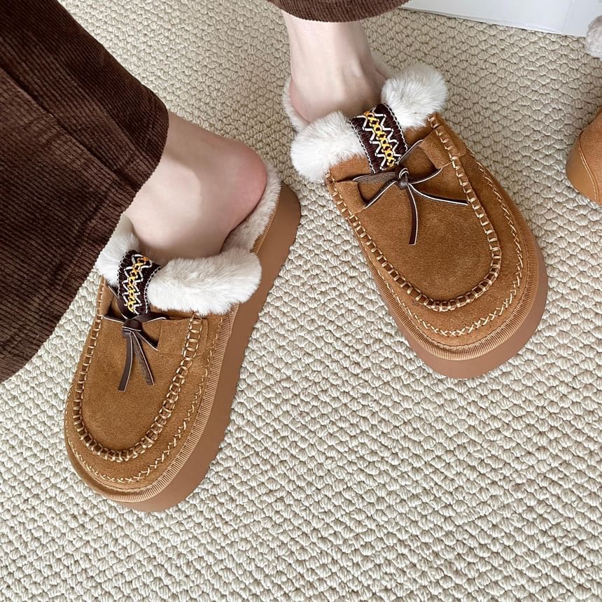 Platform Bow Accent Fleece-Lined Moccasin Mules SpreePicky