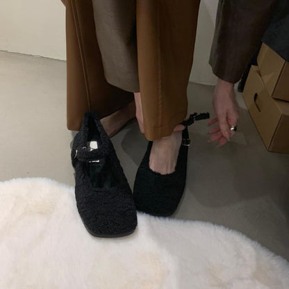 Chunky Heel Square Toe Plain Fleece Mary Jane Pumps SpreePicky