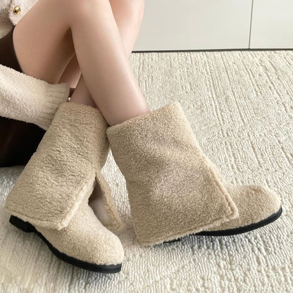 Low Heel Plain Fleece Short Boots SpreePicky